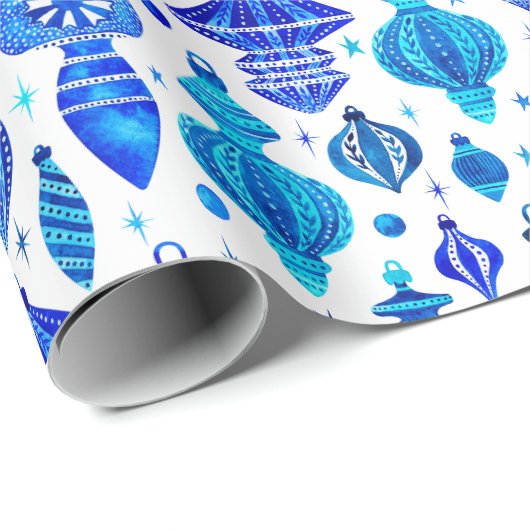 Papier Cadeau Bauble de Noël bleu ornements en aquarelle (Coin rond)