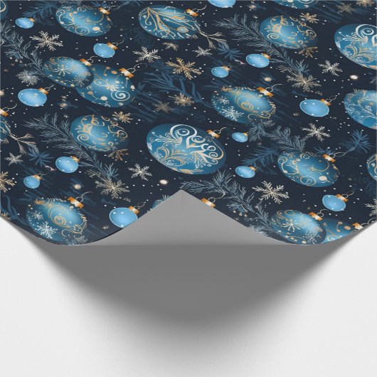 Papier Cadeau Baubles de Noël bleu complexe (Coin)