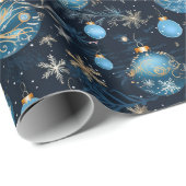 Papier Cadeau Baubles de Noël bleu complexe (Coin rond)