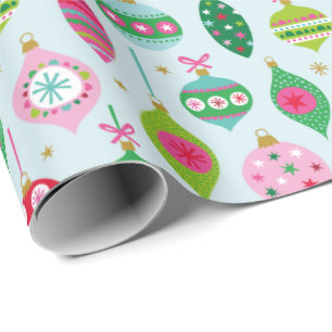 Papier Cadeau Baubles de Noël colorés sur bleu clair