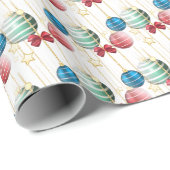 Papier Cadeau Baubles de Noël Rouge Vert Bleu Or Motif (Coin rond)