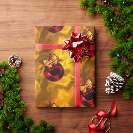 Papier Cadeau Baubles de Noël rouges sur l'or (Cadeau de vacances)