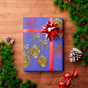 Papier Cadeau Baubles dorés et flocons de neige Noël bleu