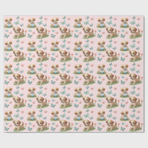 Papier Cadeau Bavoir bébé motif chiots et papillons