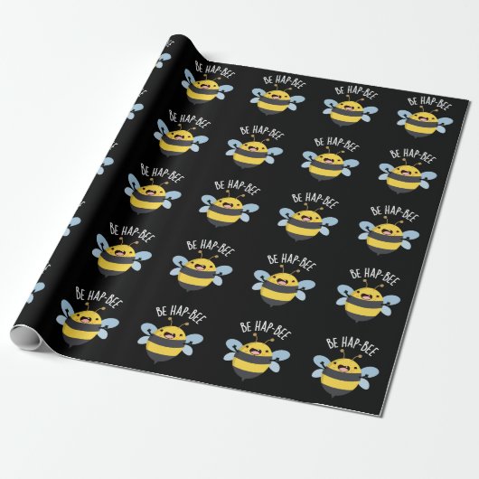 Papier Cadeau Be Hap-bee Funny Bee Pun Dark BG (Déroulé)