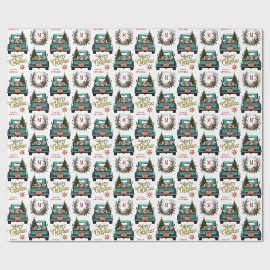 Papier Cadeau Beagle Chien Retro Camion Monogramme Noël (Plat)