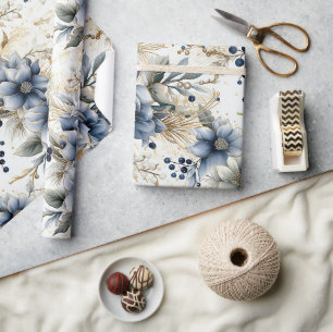 Papier Cadeau Beau Bleu Noël Baubles Fleurs de Noël