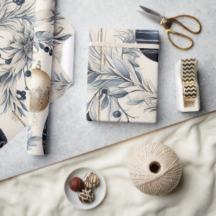 Papier Cadeau Beau Bleu Noël Floral Baubles