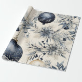 Papier Cadeau Beau Bleu Noël Floral Baubles (Déroulé)