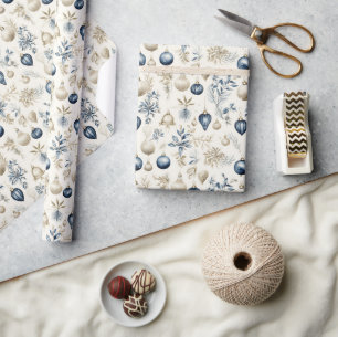 Papier Cadeau Beau Bleu Noël Floral Baubles