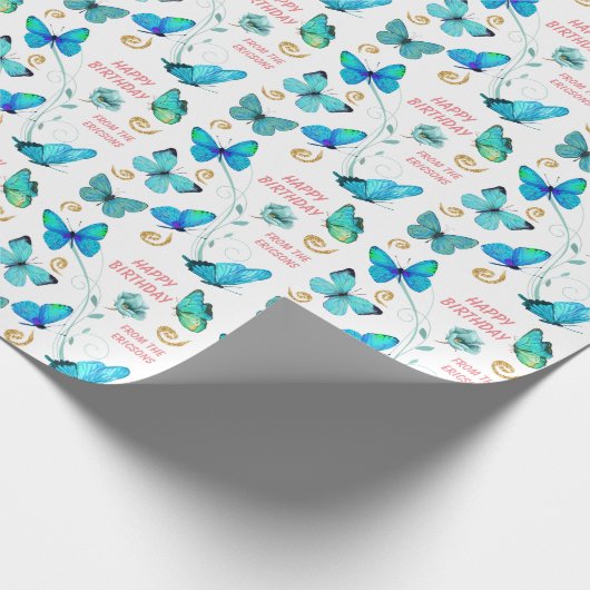 Papier Cadeau Beau Bleu Papillon Swirl Anniversaire (Coin)