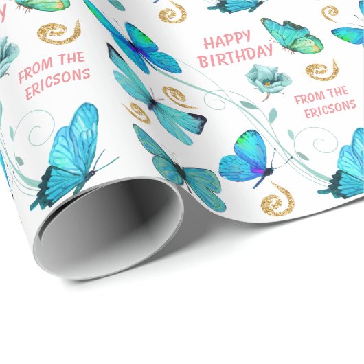 Papier Cadeau Beau Bleu Papillon Swirl Anniversaire (Coin rond)