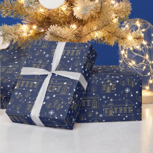 Papier Cadeau Beau Blue Gold Motif ville d'hiver