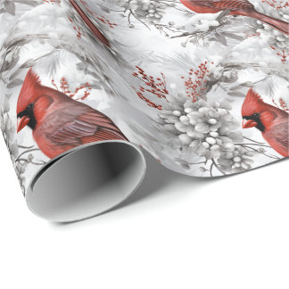Papier Cadeau Beau Cardinal Rouge sur la branche neige hiver