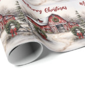 Papier Cadeau Beau hiver neigeux Rustic Red Grange Noël (Coin rond)