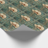 Papier Cadeau Beau motif floral Art Déco en vert, blanc et or (Coin)