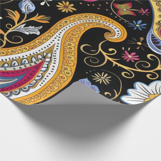 Papier Cadeau Beau Motif Paisley noir coloré (Coin)