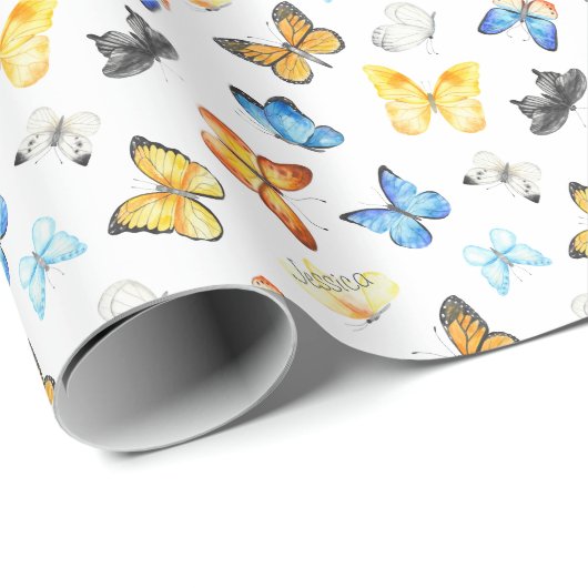 Papier Cadeau Beau Motif papillon avec nom Anniversaire (Coin rond)