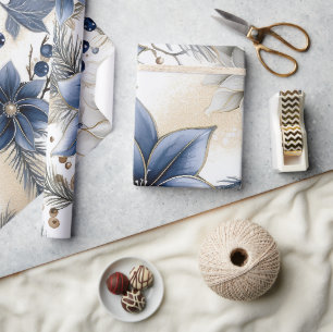 Papier Cadeau Beau Noël Bleu, Baies, Floral