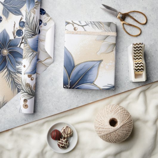Papier Cadeau Beau Noël Bleu, Baies, Floral (Artisanat)