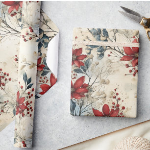 Papier Cadeau Beau Noël Vintage Rouge Poinsettia