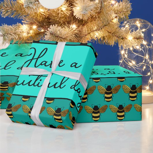 PAPIER CADEAU BEAU NOIR BOUMBLEBEE BEE TEXTE AQUA VERT (Vacances)