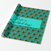 PAPIER CADEAU BEAU NOIR BOUMBLEBEE BEE TEXTE AQUA VERT (Déroulé)