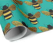 PAPIER CADEAU BEAU NOIR BOUMBLEBEE BEE TEXTE AQUA VERT (Coin rond)