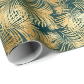 Papier Cadeau Beau or et Turquoise Feuilles tropicaux (Coin rond)