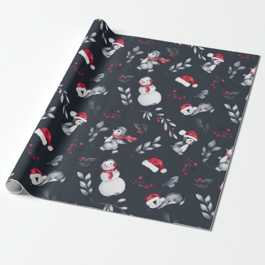 Papier Cadeau Beau papier enveloppant de pingouins de Noël (Déroulé)