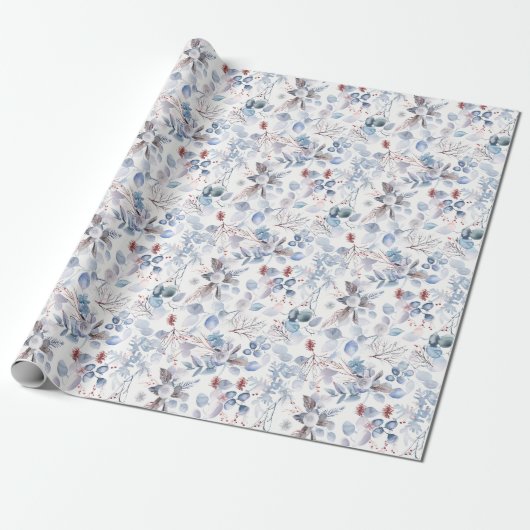 Papier Cadeau Beau Pastel Blue hiver Floral (Déroulé)