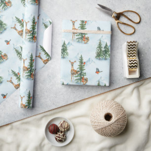 Papier Cadeau Beaux Animaux d'Hiver Jeune Cerf Écureuil Oiseaux
