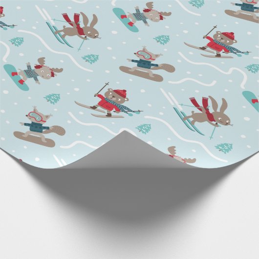 Papier Cadeau Beaux animaux Ski et snowboard sur bleu (Coin)