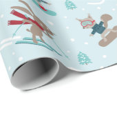 Papier Cadeau Beaux animaux Ski et snowboard sur bleu (Coin rond)