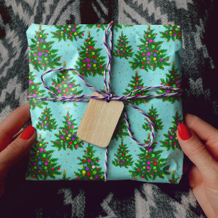 Papier Cadeau Beaux arbres de Noël colorés bleu