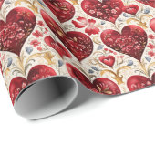 Papier Cadeau Beaux Coeurs rouges et Fleurs Vintages (Coin rond)