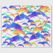Papier Cadeau Beaux dauphins en arc-en-ciel avec prénom (Plat)