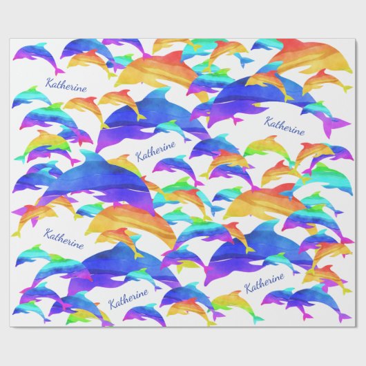Papier Cadeau Beaux dauphins en arc-en-ciel avec prénom (Plat)
