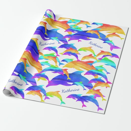 Papier Cadeau Beaux dauphins en arc-en-ciel avec prénom (Déroulé)