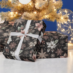 Papier Cadeau Beaux flocons de neige et poinsettias en or rose