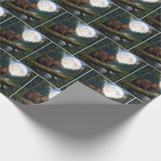 Papier Cadeau Beaver On a River Log in the Moonlight (Coin)