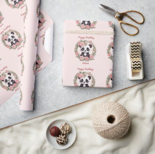 Papier Cadeau Bébé adorable Panda Ours avec fleurs