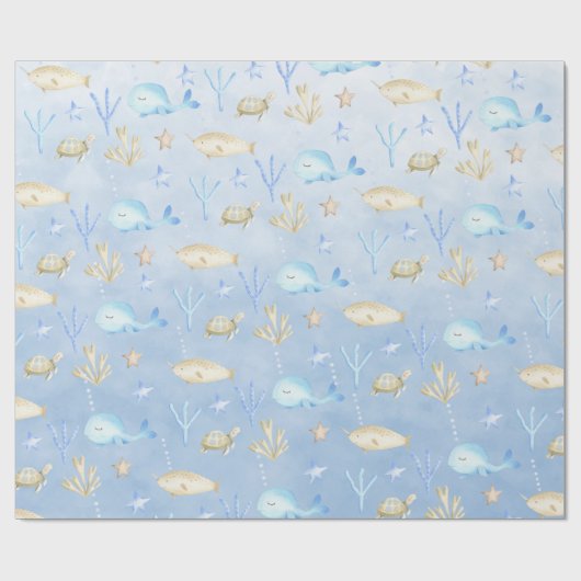 Papier Cadeau Bébé Baleine Bleue & Narwhal Sous La Mer (Plat)