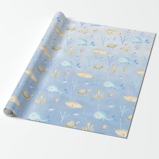 Papier Cadeau Bébé Baleine Bleue & Narwhal Sous La Mer (Déroulé)
