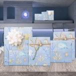 Papier Cadeau Bébé Baleine Bleue & Narwhal Sous La Mer<br><div class="desc">Une feuille de papier d'emballage peinte à l'aquarelle pour enfants,  en arrière - plan bleu clair avec des coraux,  une baleine bleue pour bébé et une baleine à narval,  dans un schéma de couleur bleu bébé et vanille crémeuse.</div>