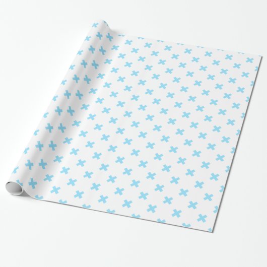 Papier Cadeau Bébé bleu croix coutures sur blanc (Déroulé)