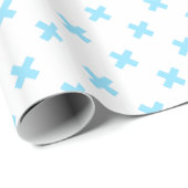 Papier Cadeau Bébé bleu croix coutures sur blanc (Coin rond)