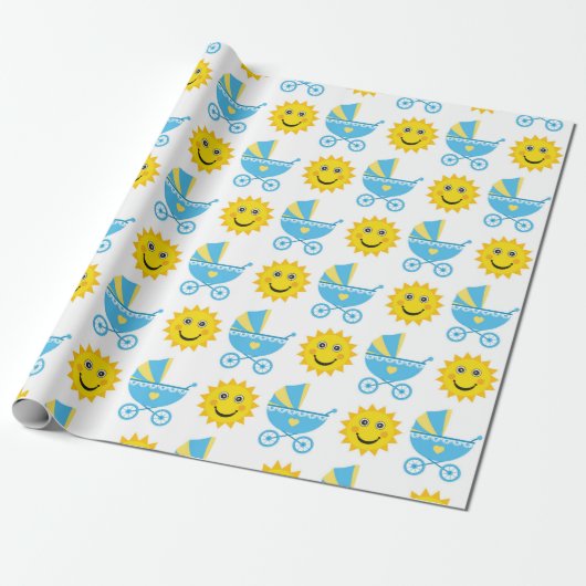 PAPIER CADEAU BÉBÉ BLEU & JAUNE ET SOLEIL JAUNE (Déroulé)