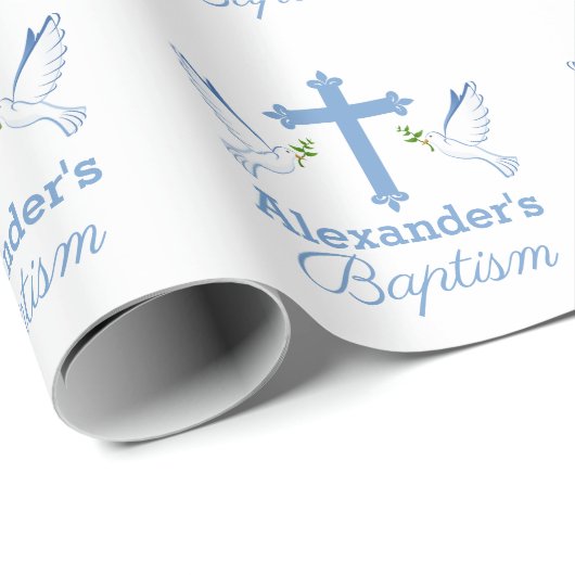 Papier Cadeau Bébé bleu Nom personnalisé Baptême avec croix et c (Coin rond)