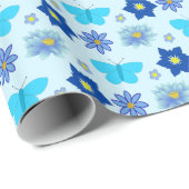 Papier Cadeau Bébé bleu Papillons et fleurs à motifs (Coin rond)